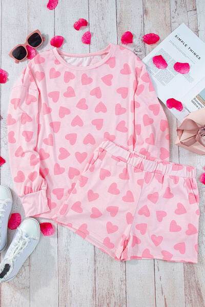 Heart Print Long Sleeve Top and Shorts Lounge Set for a perfect OOTD – dress to impress outfits from Amexza