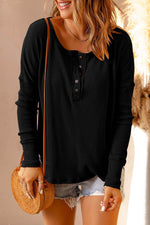 Double Take Full Size Half Button Drop Shoulder T-Shirt Black for a perfect OOTD – dress to impress outfits from Amexza