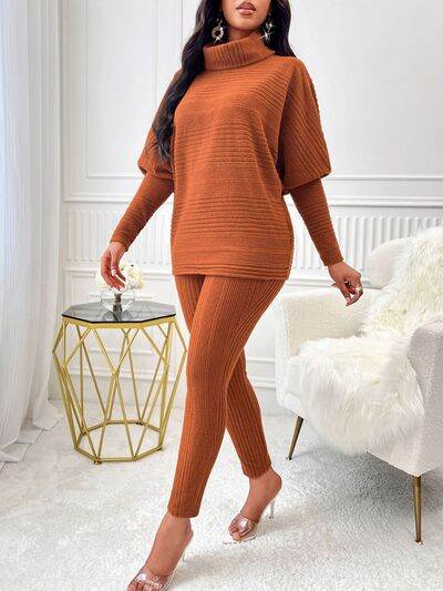 Turtleneck Batwing Sleeve Top and Pants Set - Amexza