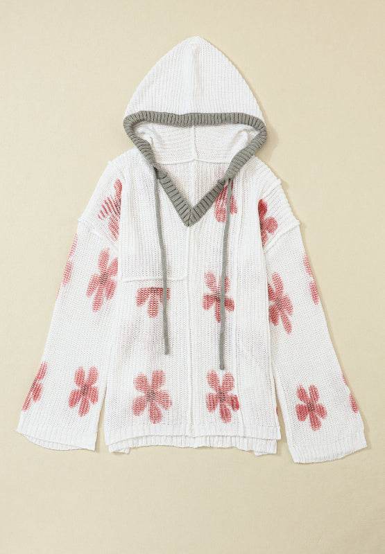 Drawstring Flower Hooded Knit Top - Amexza