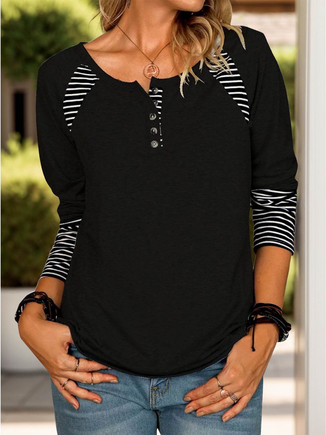 Full Size Striped Quarter Button Long Sleeve T-Shirt Black for a perfect OOTD – dress to impress outfits from Amexza