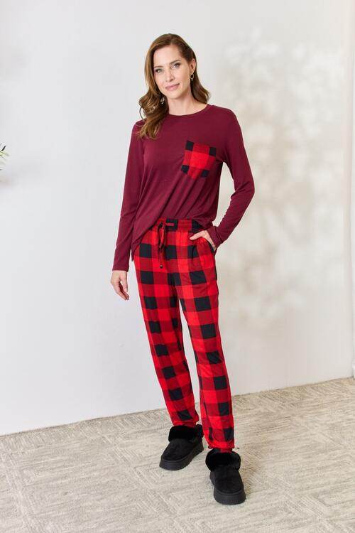 Zenana Full Size Plaid Round Neck Top and Pants Pajama Set for a perfect OOTD – dress to impress outfits from Amexza