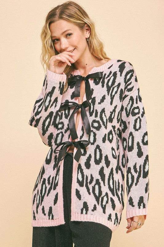 Davi & Dani Leopard Ribbon Tie Front Loose Fit Cardigan for a perfect OOTD – dress to impress outfits from Amexza