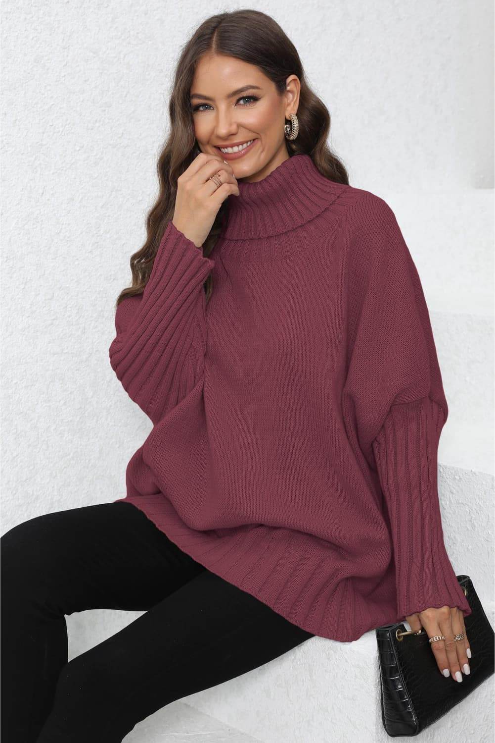 Turtle Neck Long Sleeve Ribbed Sweater - Amexza