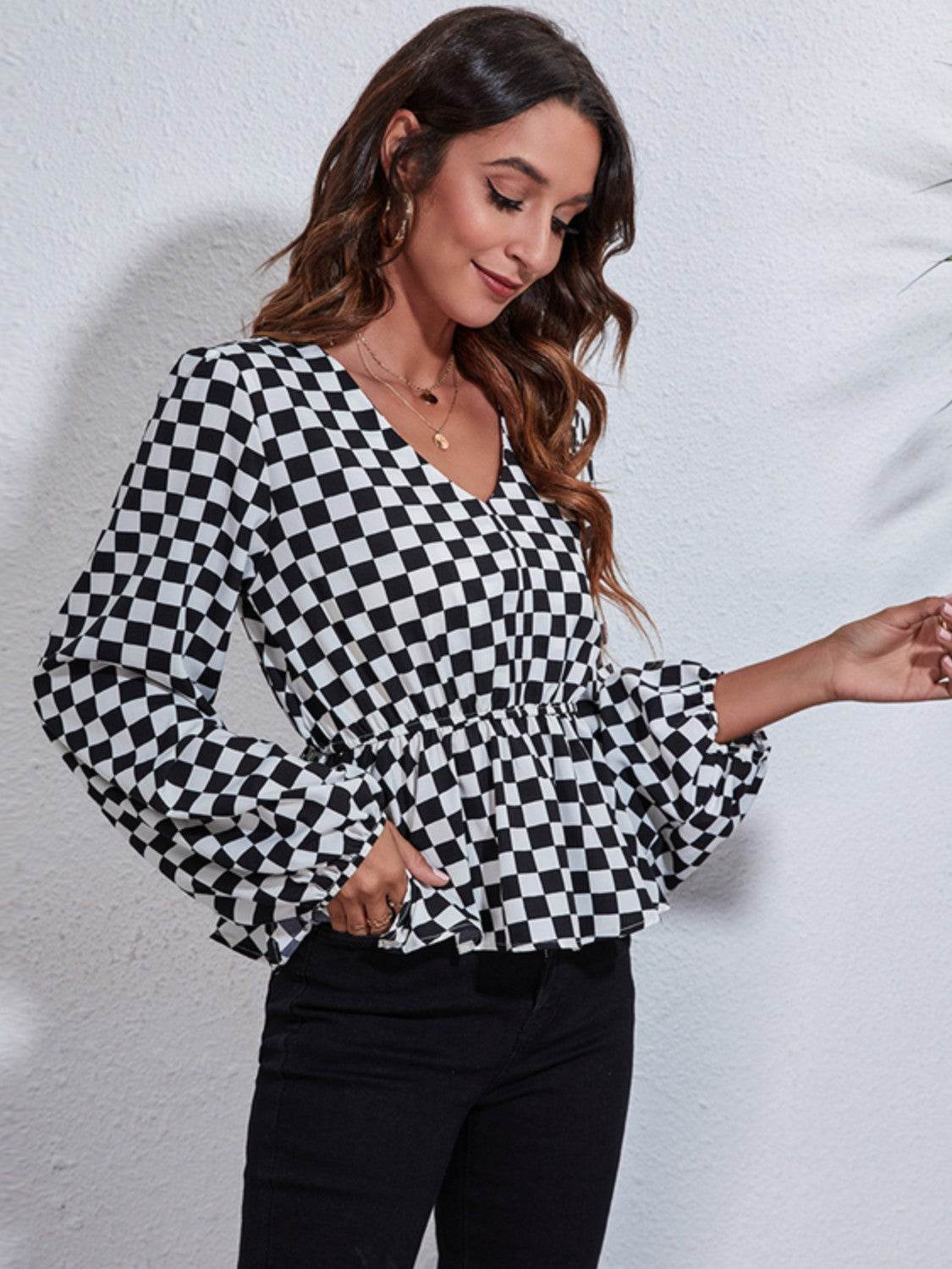 Checkered V-Neck Balloon Sleeve Peplum Blouse for a perfect OOTD – dress to impress outfits from Amexza