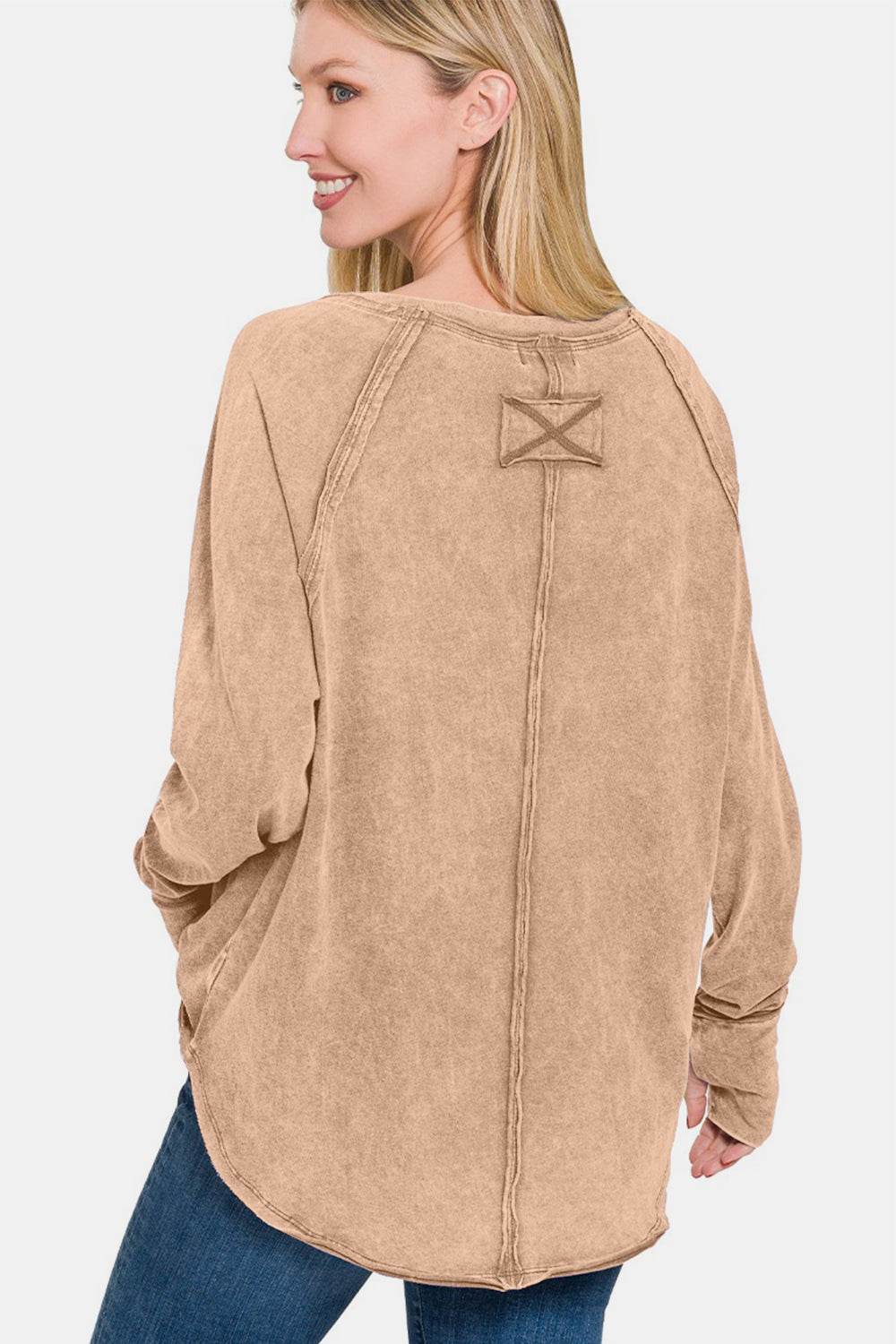 Zenana Round Neck Thumbhole Long Sleeve T-Shirt for a perfect OOTD – dress to impress outfits from Amexza