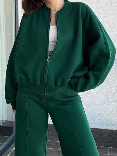 Baseball Collar Zip Up Top and Drawstring Paants Set for a perfect OOTD – dress to impress outfits from Amexza