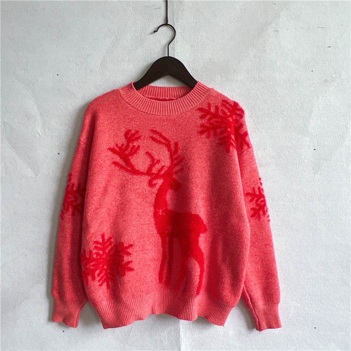 Reindeer and Snowflake Pattern Sweater - Amexza