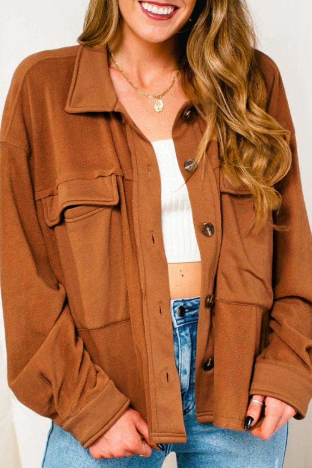 Pocketed Collared Neck Dropped Shoulder Jacket Caramel for a perfect OOTD – dress to impress outfits from Amexza