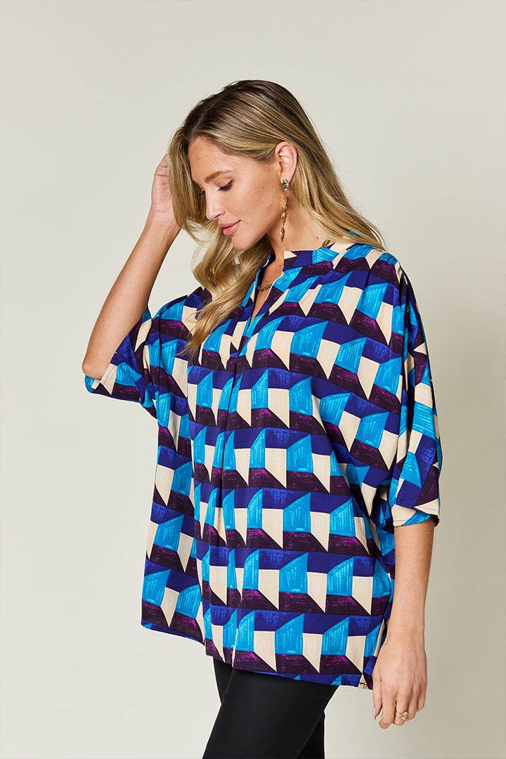 Double Take Full Size Geometric Notched Half Sleeve Blouse for a perfect OOTD – dress to impress outfits from Amexza