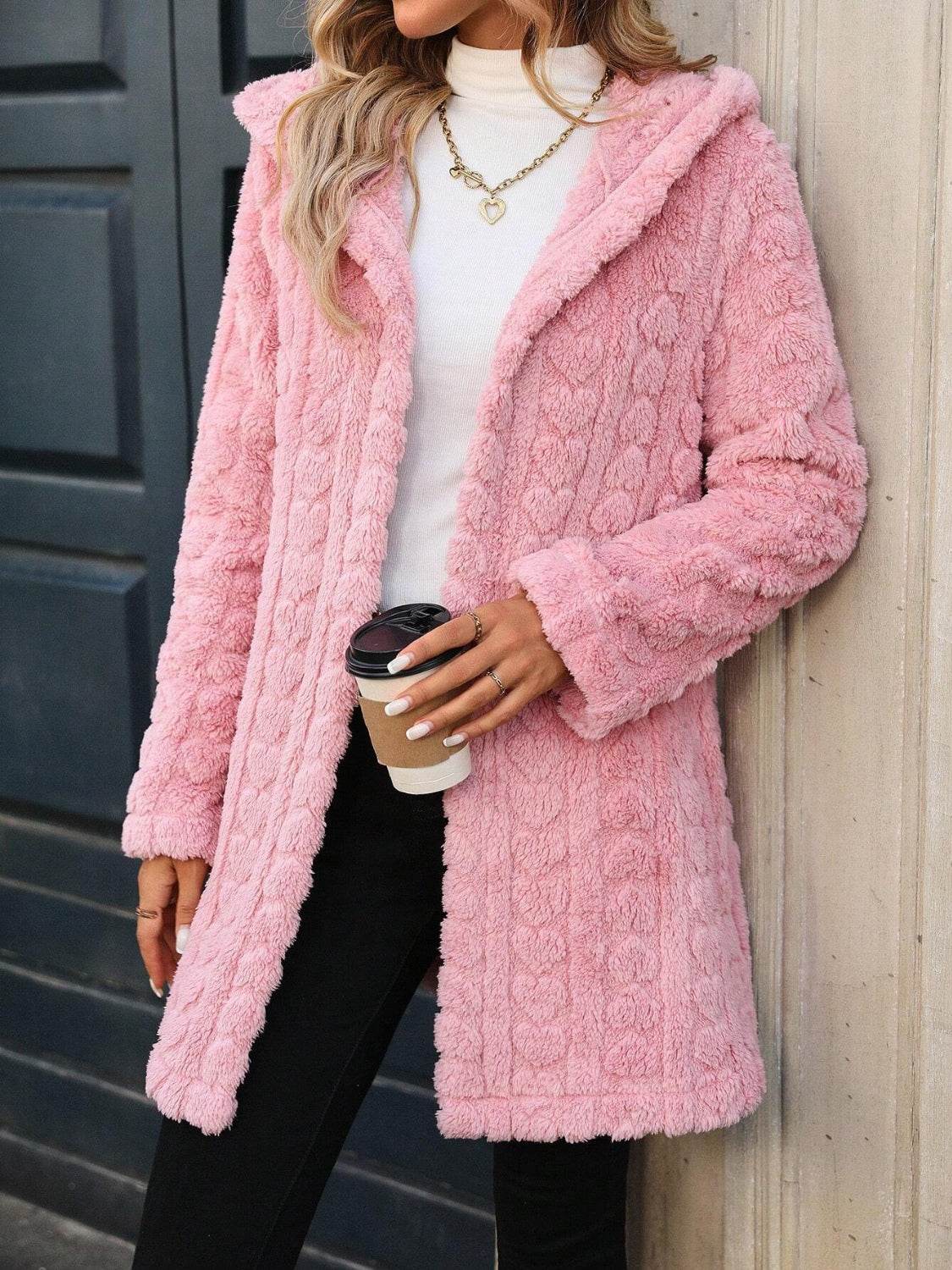 Heart Open Front Hooded Fuzzy Coat Blush Pink for a perfect OOTD – dress to impress outfits from Amexza