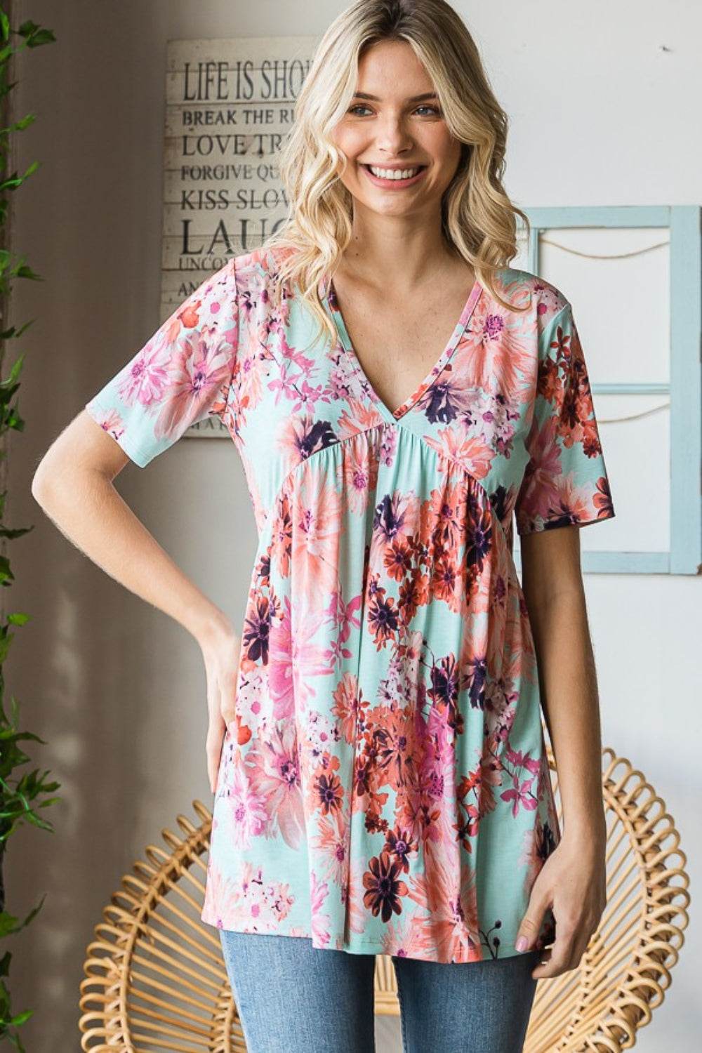 Heimish Full Size Floral V-Neck Short Sleeve Babydoll Blouse MINT for a perfect OOTD – dress to impress outfits from Amexza