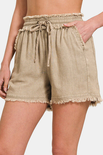 Zenana Washed Linen Frayed Hem Drawstring Shorts Beige for a perfect OOTD – dress to impress outfits from Amexza