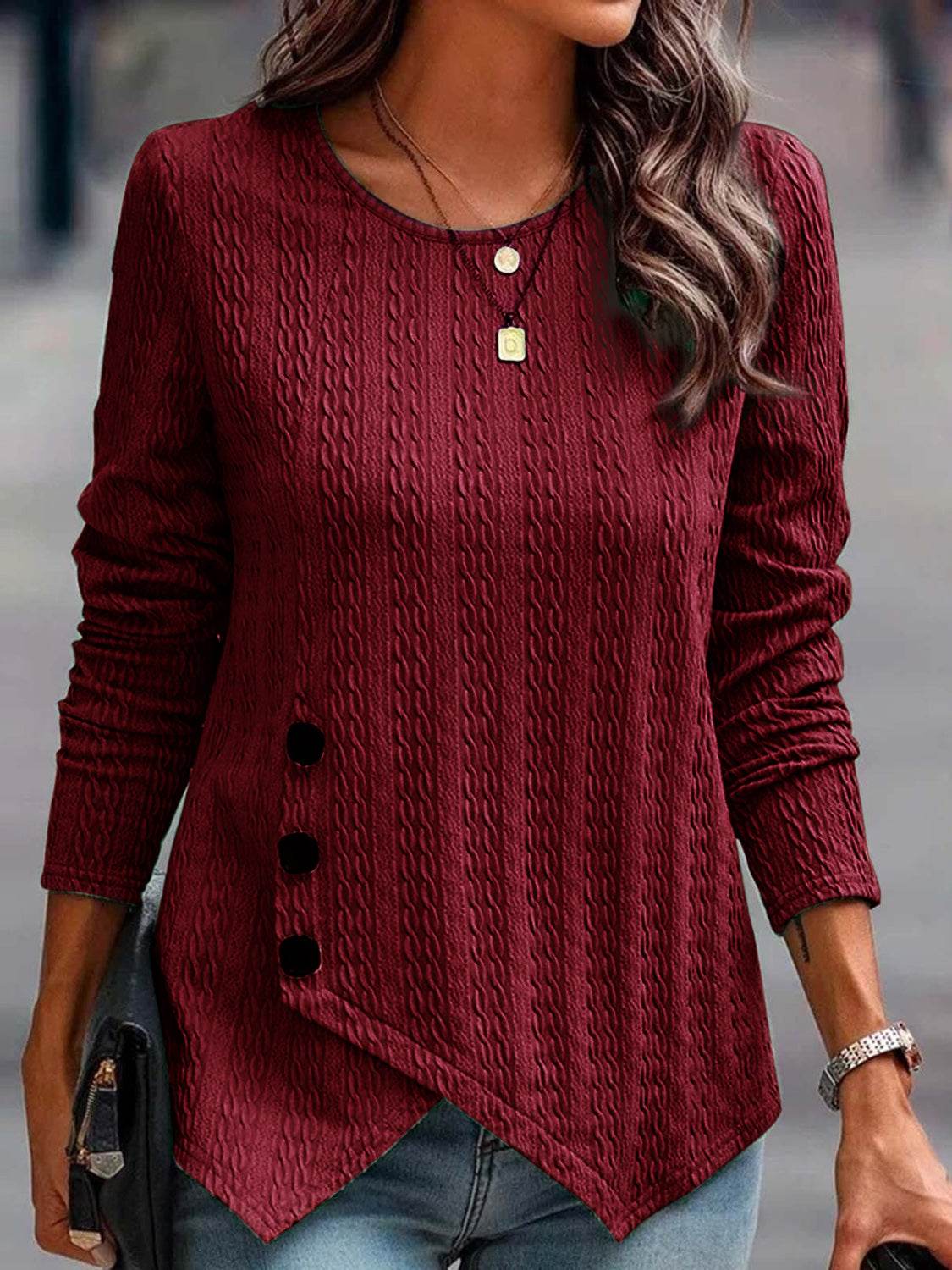 Decorative Button Round Neck Long Sleeve Top Rust for a perfect OOTD – dress to impress outfits from Amexza