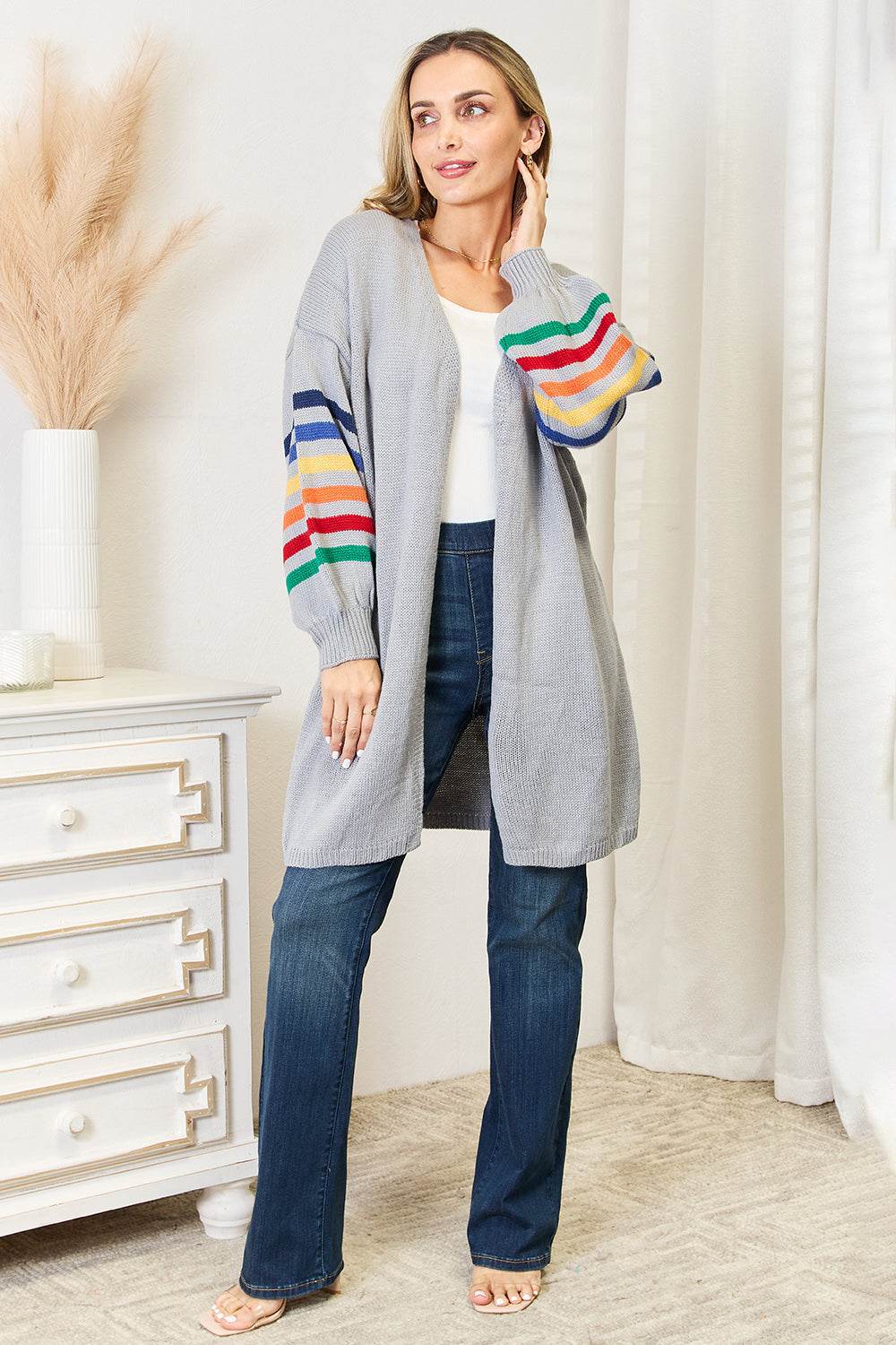 Angel Wings Multicolored Stripe Open Front Longline Cardigan for a perfect OOTD – dress to impress outfits from Amexza