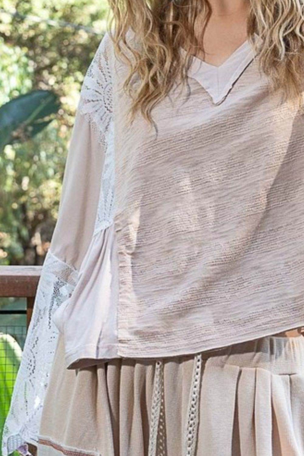 POL Lace Detail V-Neck Flare Sleeve Blouse for a perfect OOTD – dress to impress outfits from Amexza