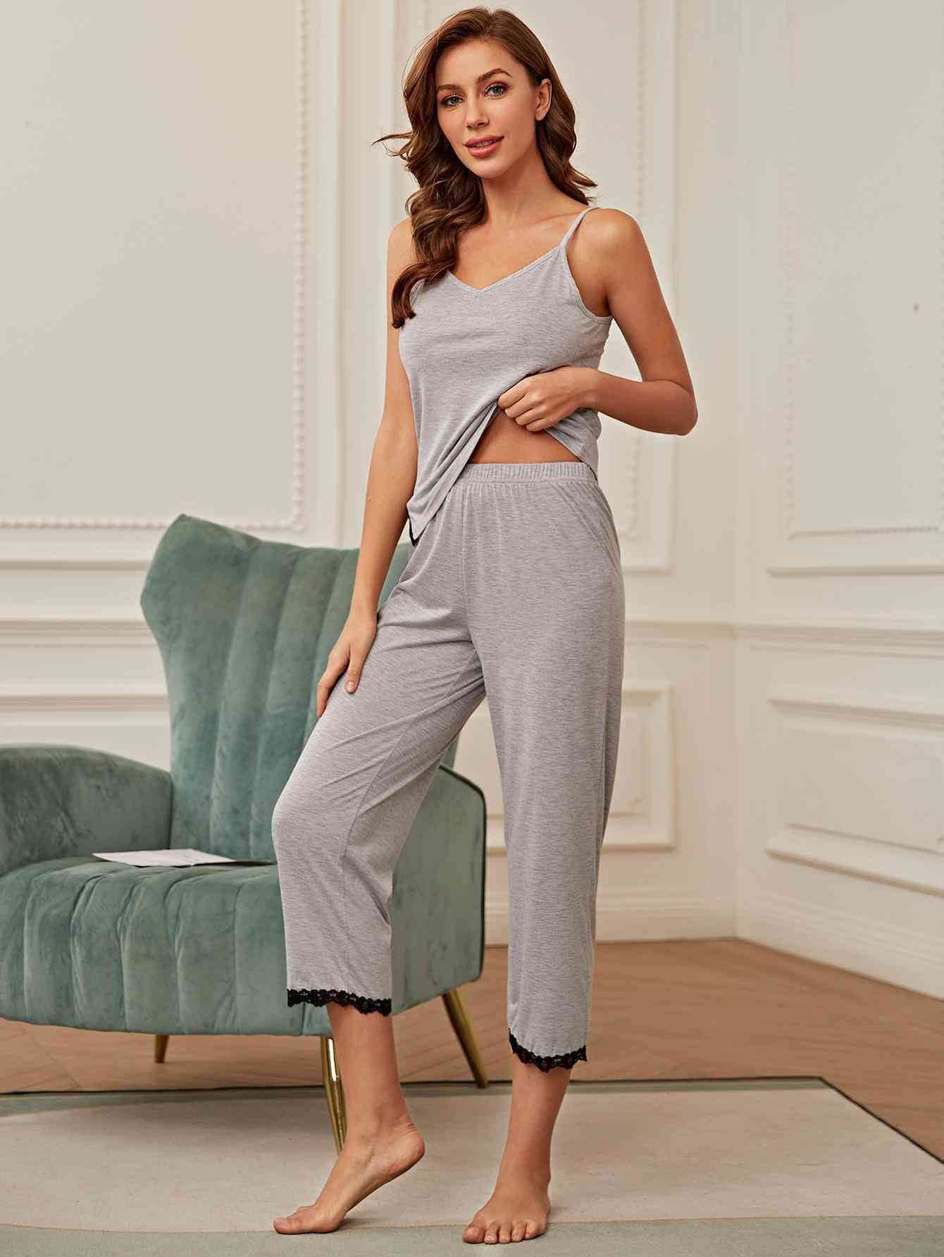 V-Neck Lace Trim Slit Cami and Pants Pajama Set for a perfect OOTD – dress to impress outfits from Amexza