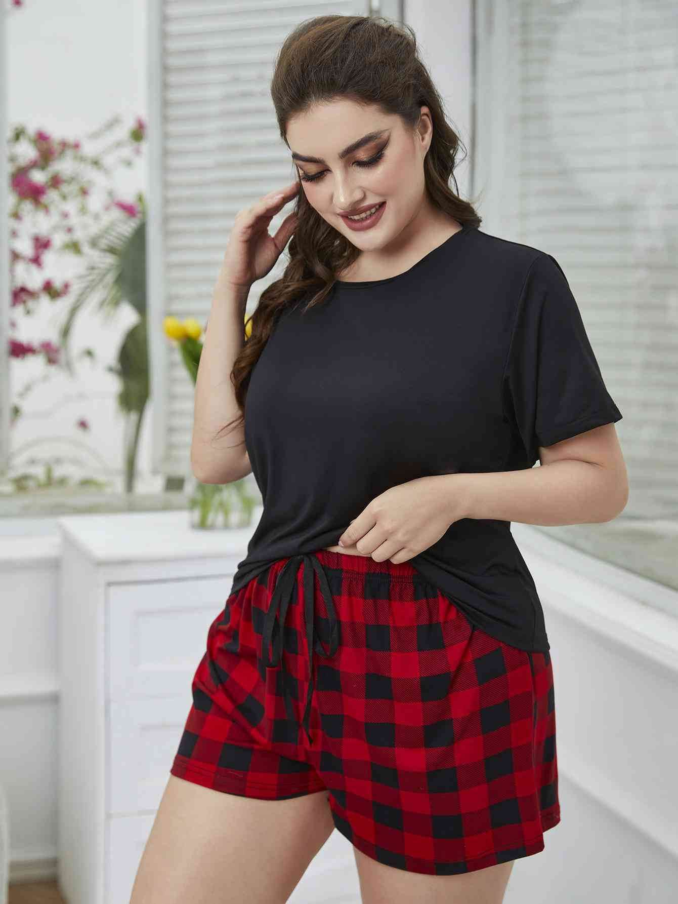 Plus Size Round Neck Tee Shirt and Plaid Shorts Lounge Set for a perfect OOTD – dress to impress outfits from Amexza