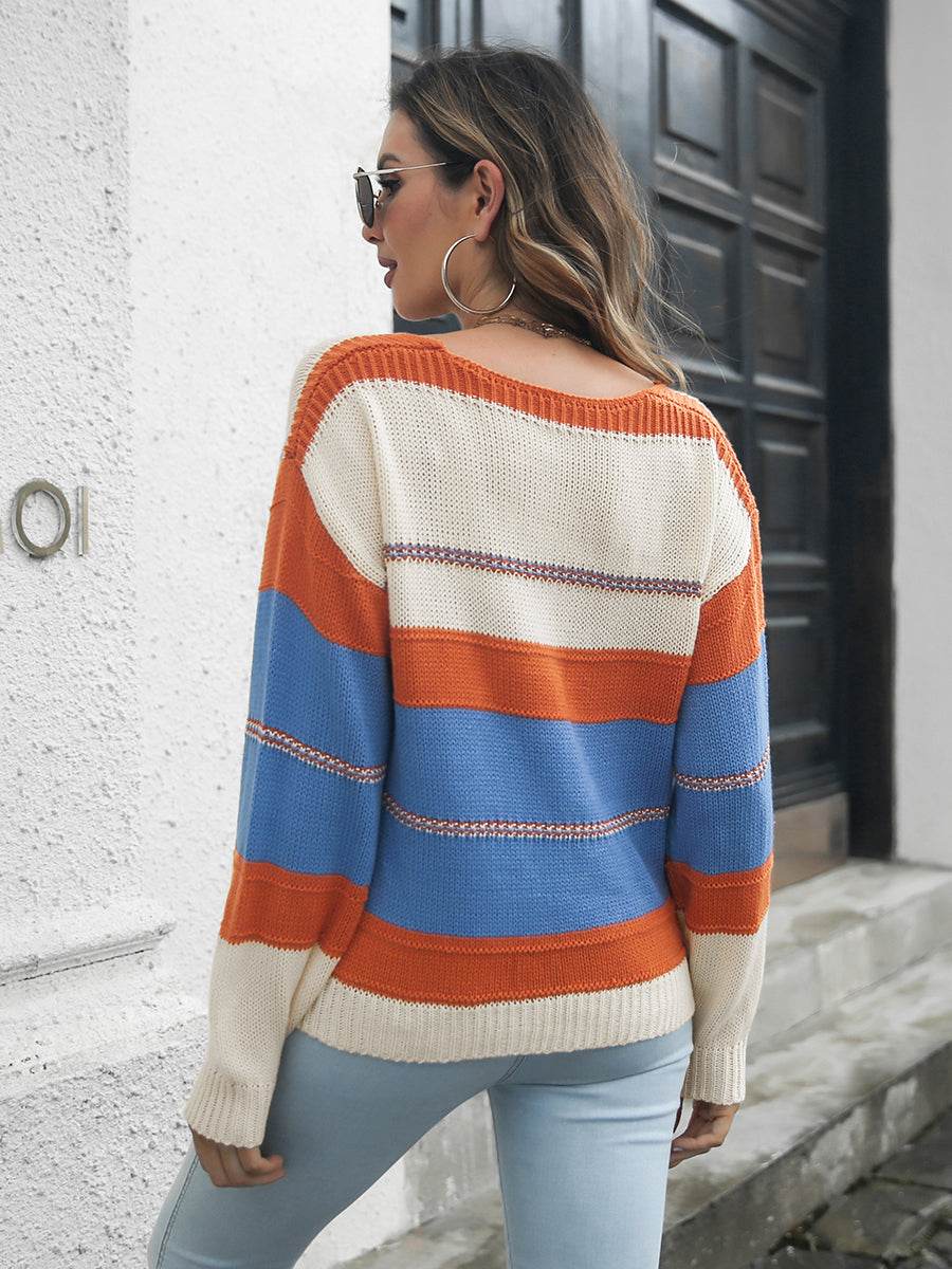 Striped V-Neck Drop Shoulder Sweater for a perfect OOTD – dress to impress outfits from Amexza