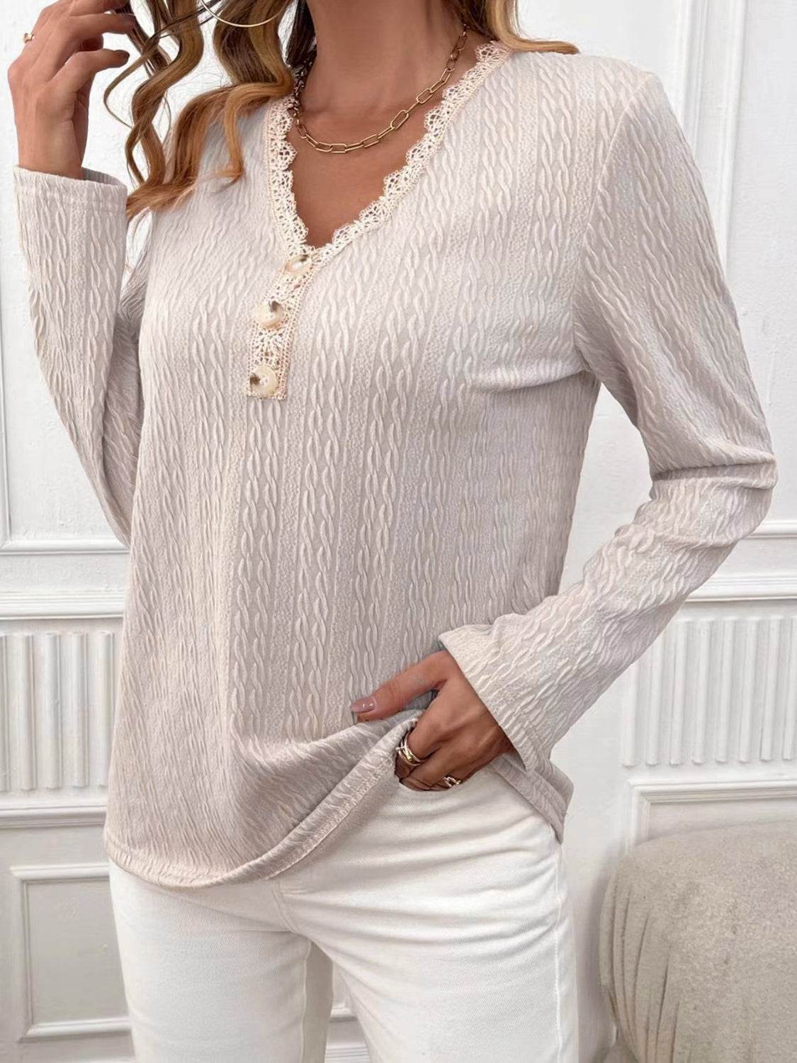 Lace Detail V-Neck Long Sleeve T-Shirt for a perfect OOTD – dress to impress outfits from Amexza