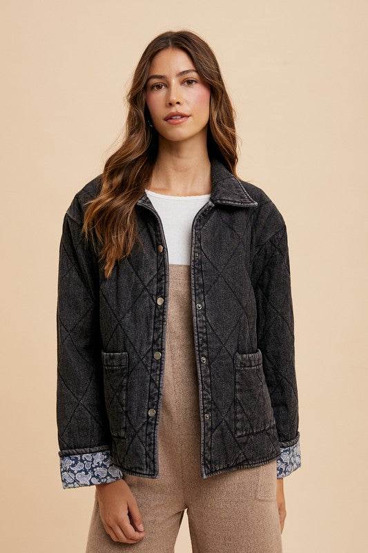 Annie Wear Quilted Printed Lining Snap Down Denim Jacket - Amexza
