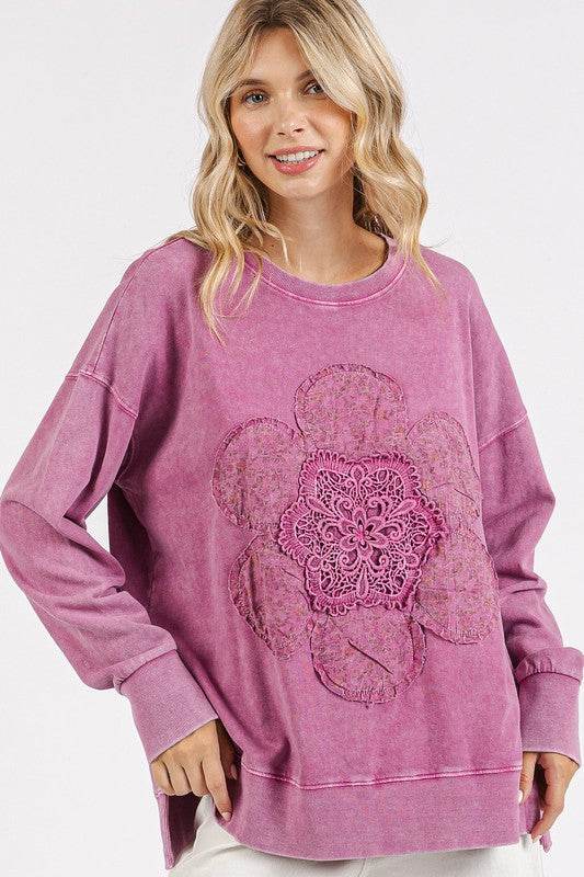 Mittoshop Flower Patch Side Slit Mineral Wash Round Neck Sweatshirt - Amexza