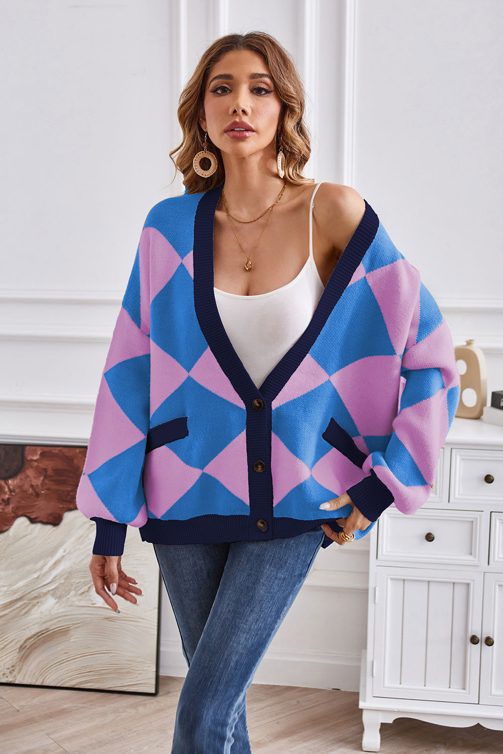 Geometric Lantern Sleeve Cardigan with Pockets Cobalt Blue for a perfect OOTD – dress to impress outfits from Amexza