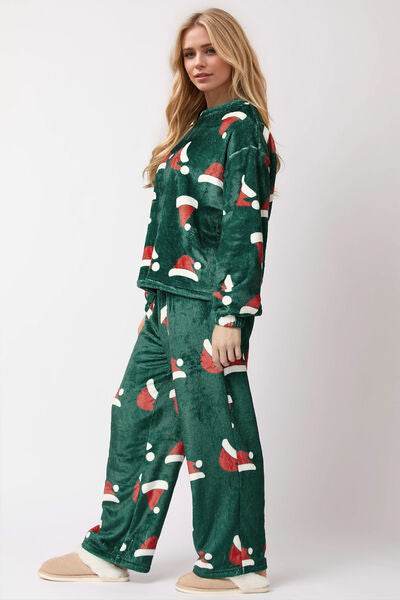 Christmas Hat Pattern Round Neck Long Sleeve Top and Pants Set for a perfect OOTD – dress to impress outfits from Amexza