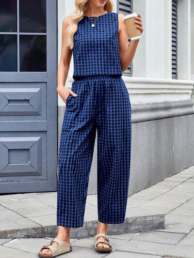 Lovelet Plaid Round Neck Sleeveless Top and Pants Set - Amexza