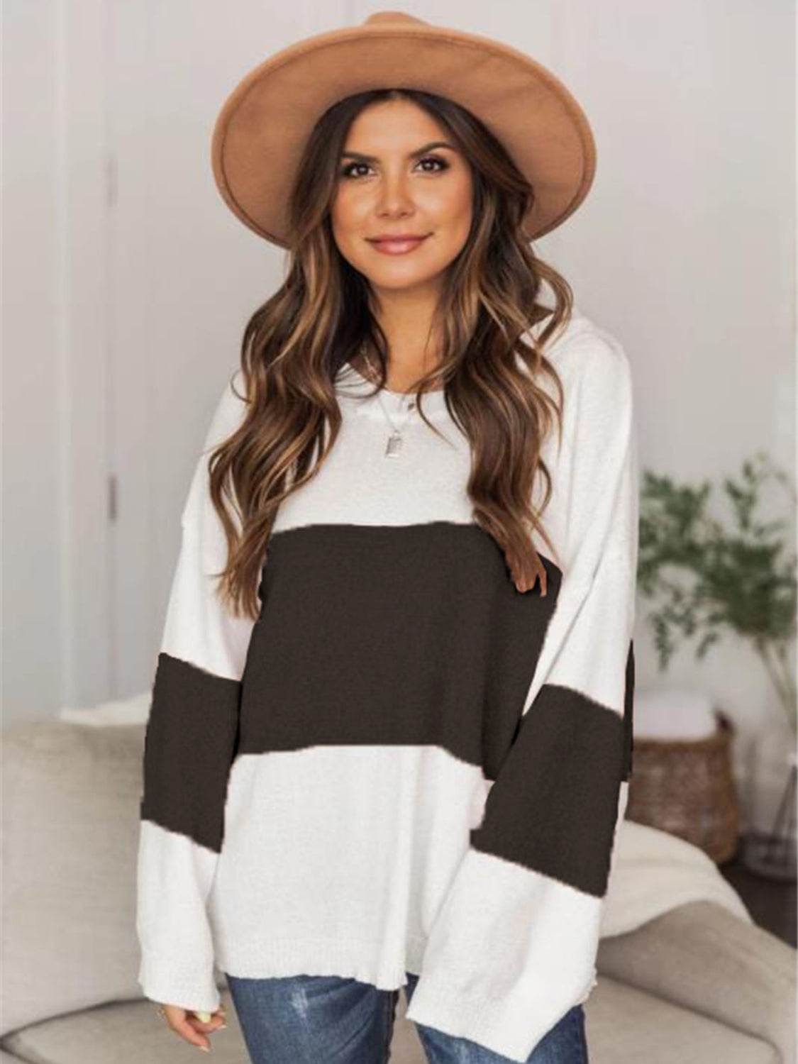 Color Block Round Neck Long Sleeve Sweater for a perfect OOTD – dress to impress outfits from Amexza