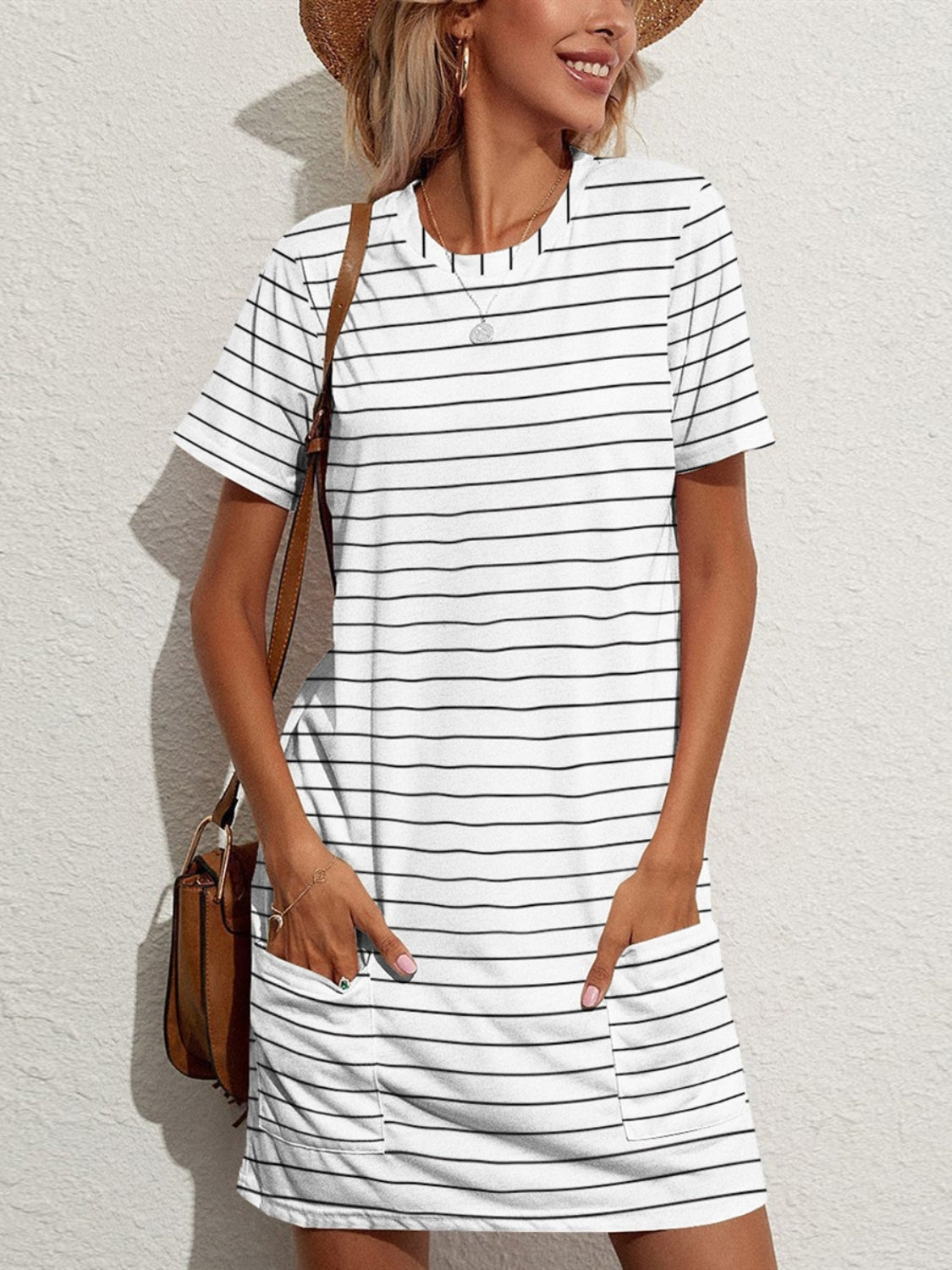 FAM-FAM Pocketed Striped Round Neck Short Sleeve Dress - White / S