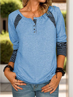 Full Size Striped Quarter Button Long Sleeve T-Shirt - Amexza