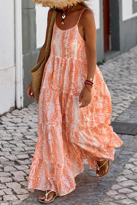 Printed Scoop Neck Maxi Cami Dress - Orange / S