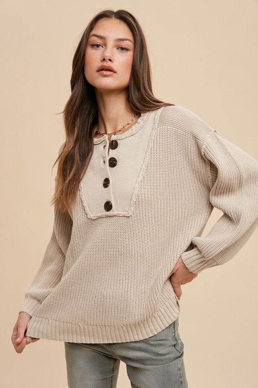 Annie Wear Half Button Ribbed Hem Sweater Oatmeal for a perfect OOTD – dress to impress outfits from Amexza