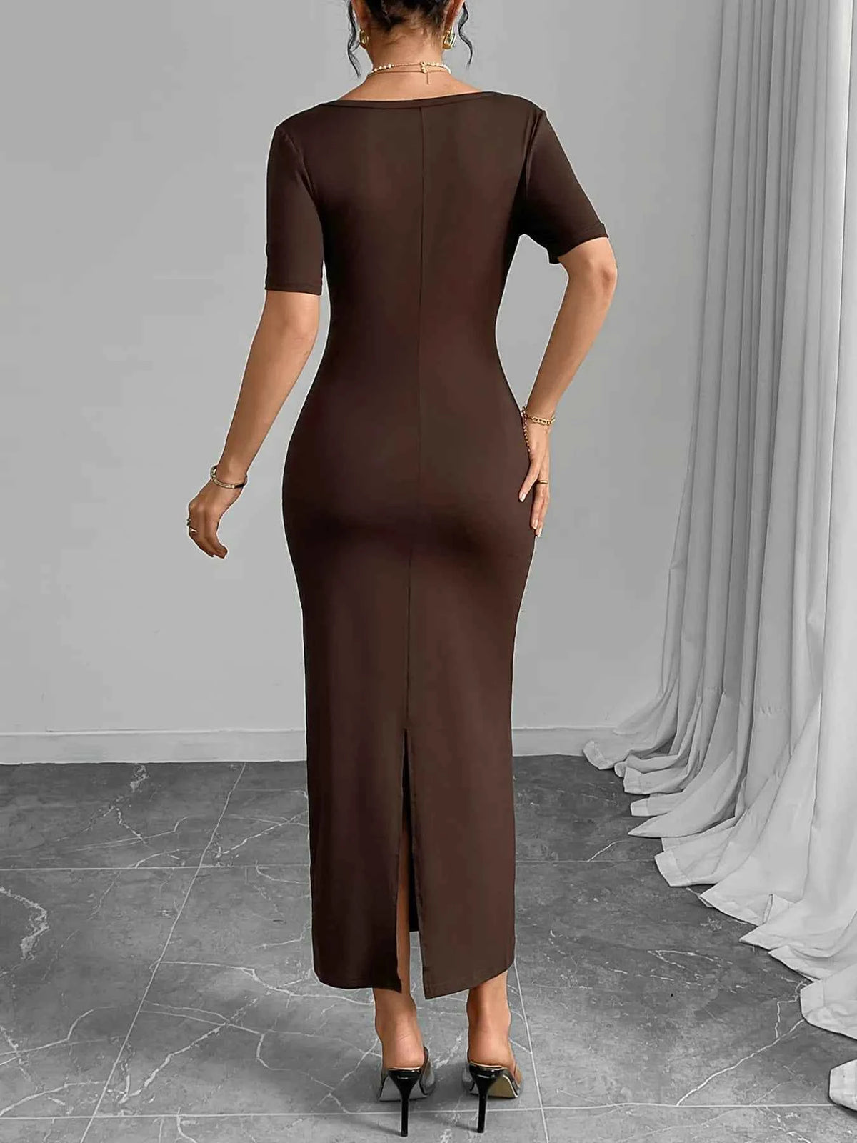 Round Neck Short Sleeve Bodycon Midi Dress