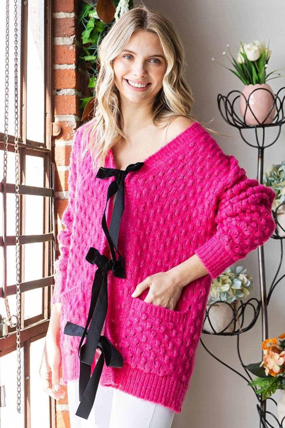 First Love Tie Closure Open Knit Cardigan for a perfect OOTD – dress to impress outfits from Amexza