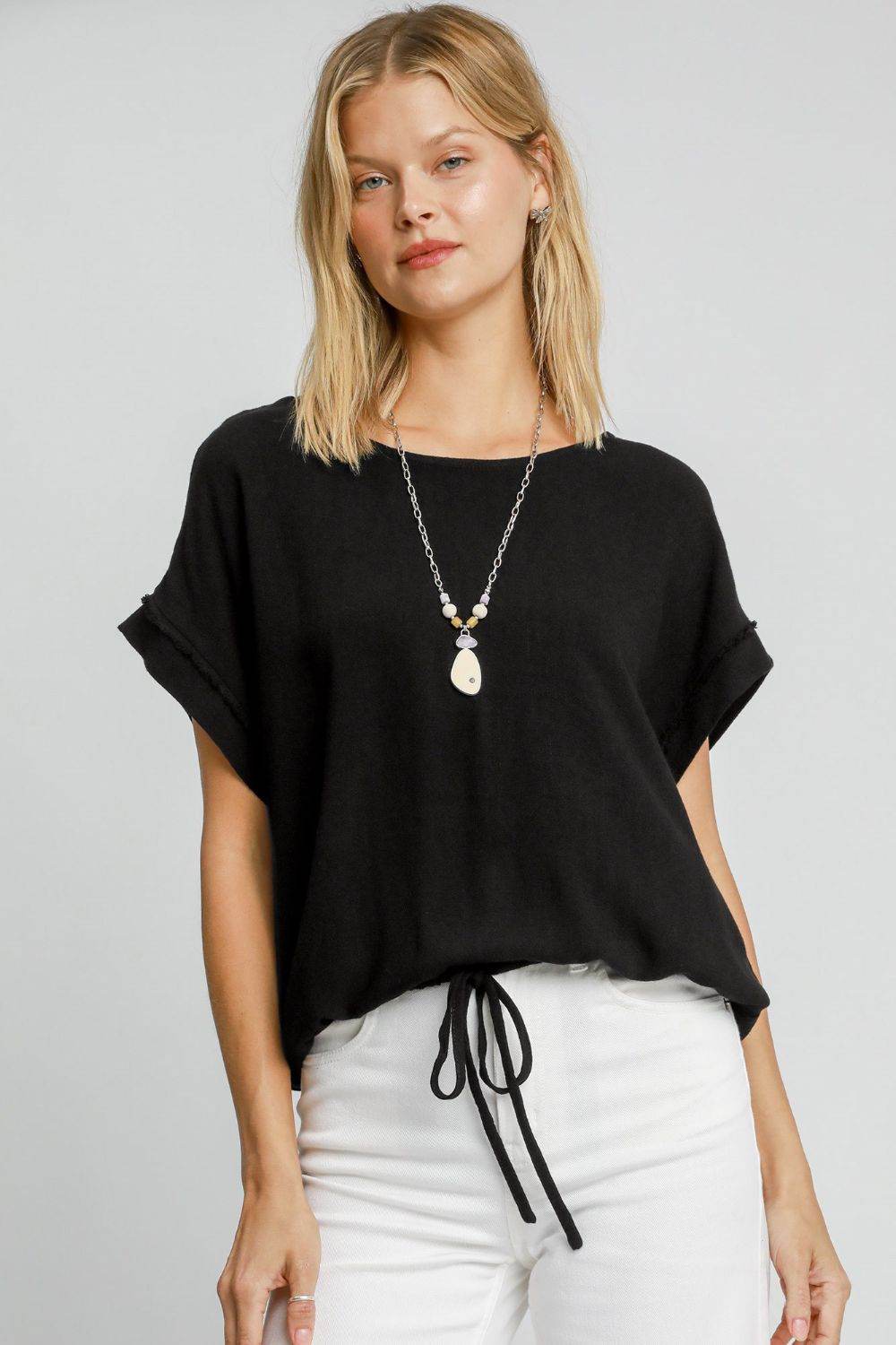 Umgee Drawstring Hem Round Neck Short Sleeve T-Shirt Black for a perfect OOTD – dress to impress outfits from Amexza