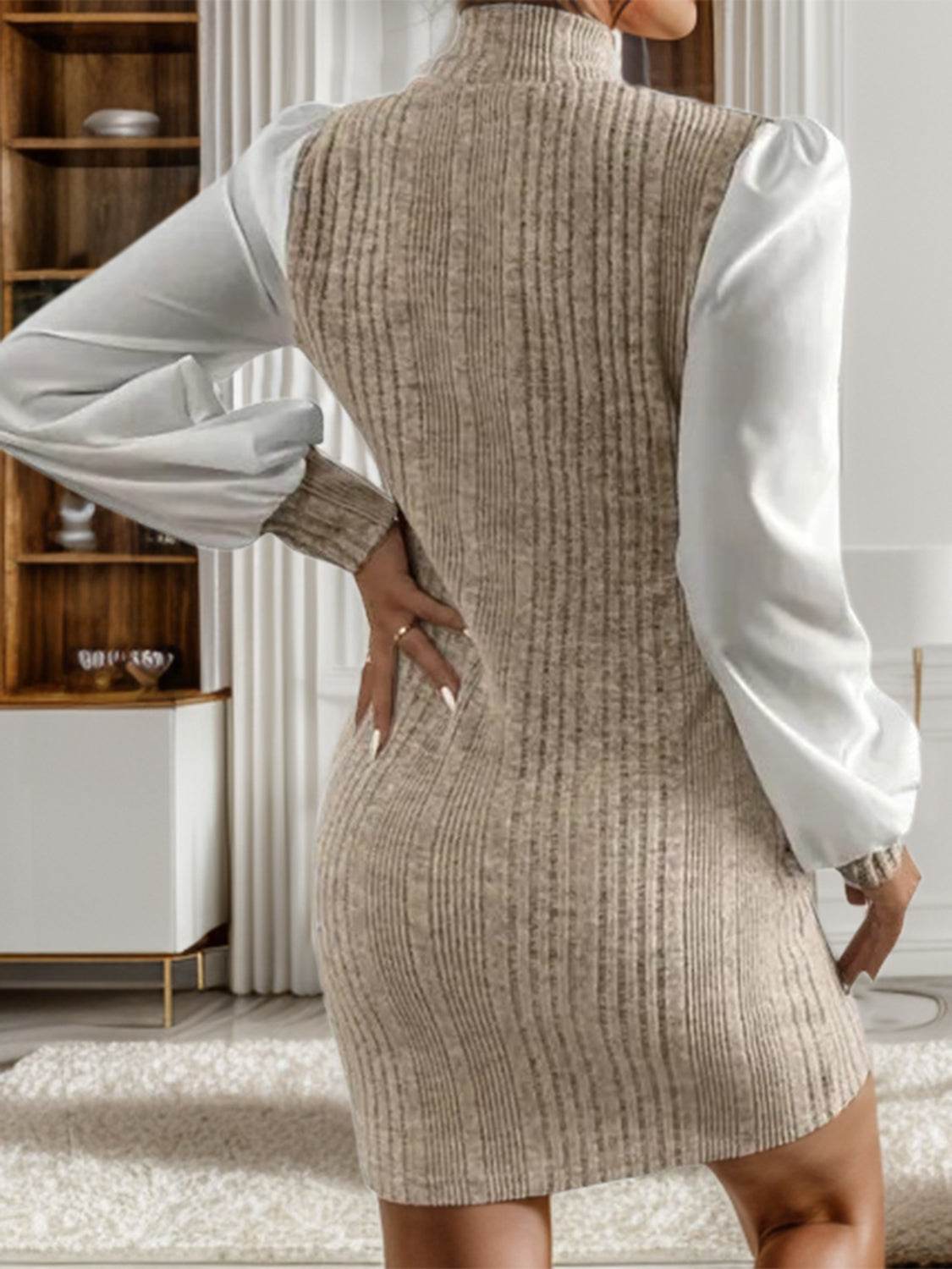 Ribbed Contrast Long Sleeve Sweater Dress - Amexza