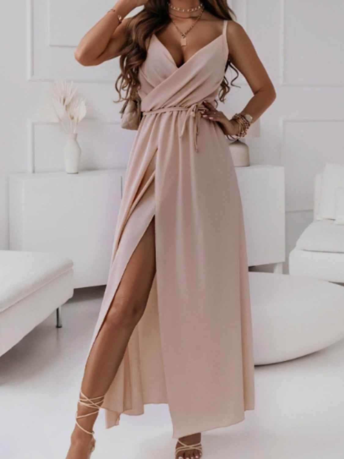 Honey Tied Surplice Sleeveless Midi Cami Dress Pale Blush for a perfect OOTD – dress to impress outfits from Amexza