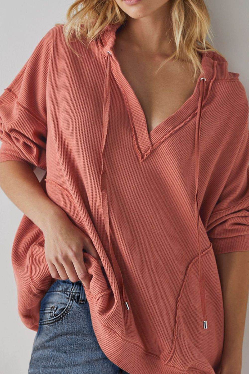 Exposed Seam Drawstring Long Sleeve Hoodie - Amexza