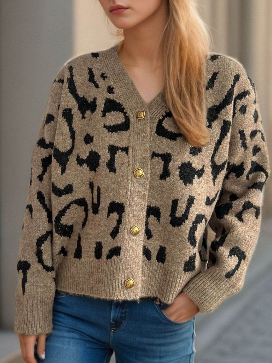 Leopard V-Neck Button Up Cardigan - Amexza