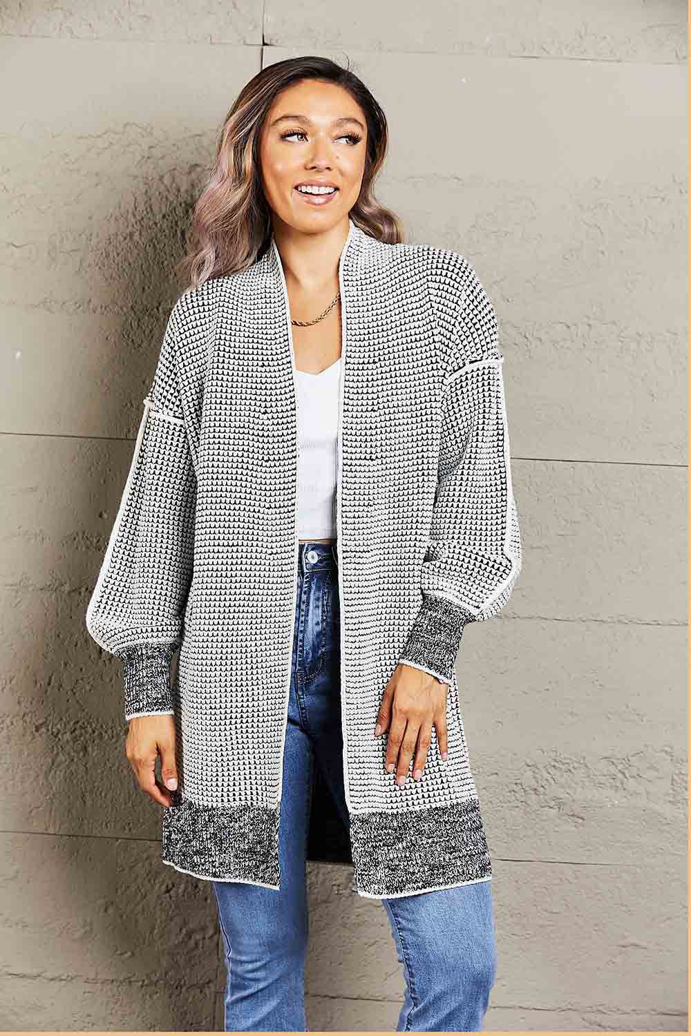 Woven Right Heathered Open Front Longline Cardigan Gray for a perfect OOTD – dress to impress outfits from Amexza