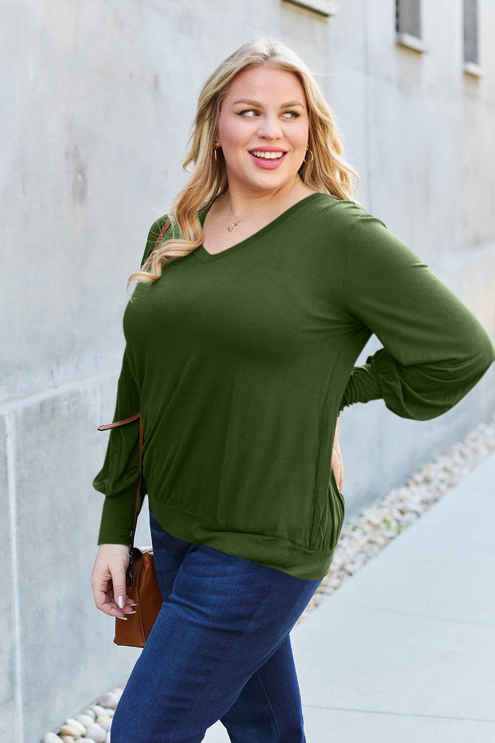 Basic Bae Full Size V-Neck Lantern Sleeve Top - Amexza