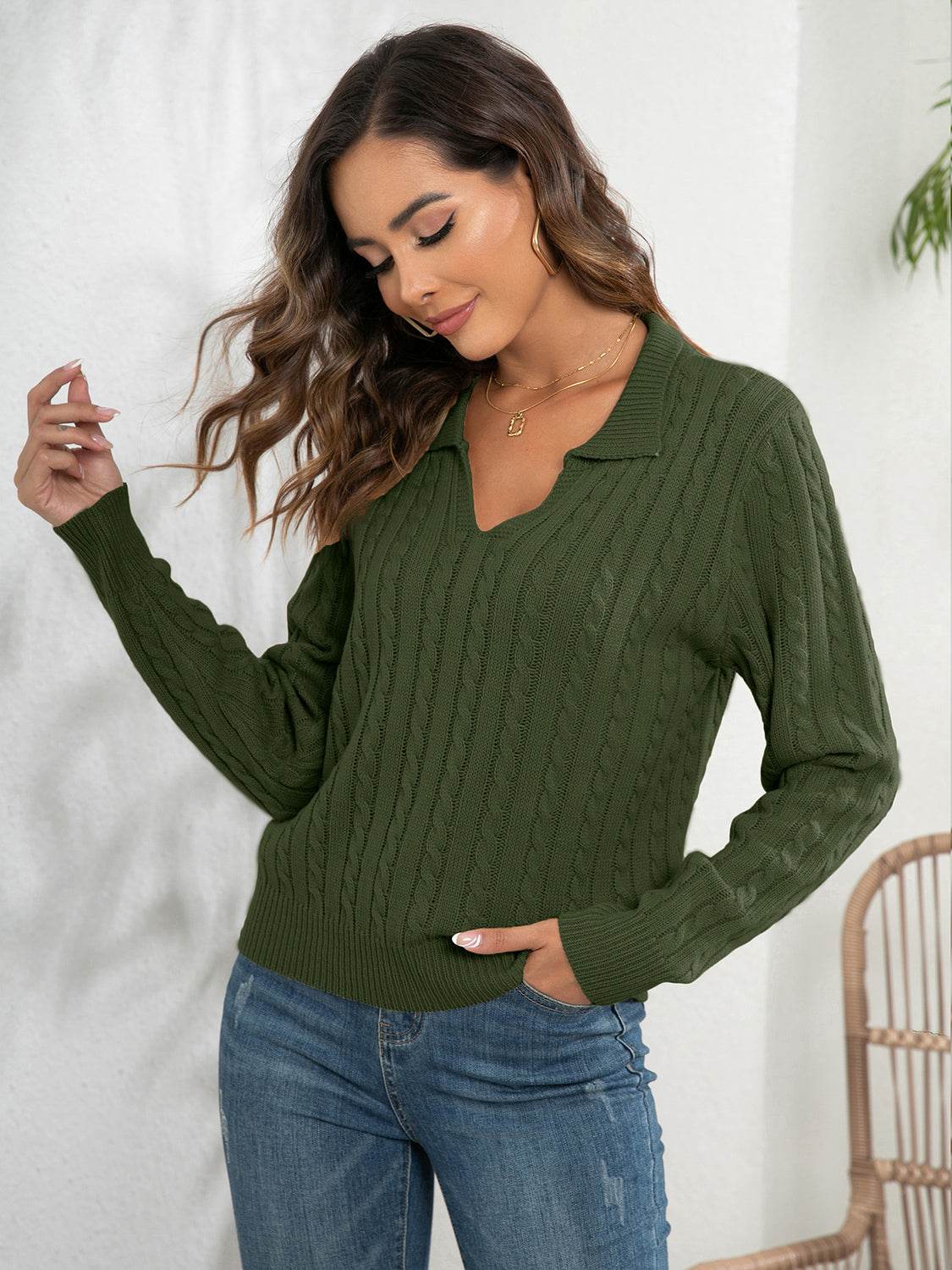 Johnny Collar Cable-Knit Long Sleeve Sweater for a perfect OOTD – dress to impress outfits from Amexza