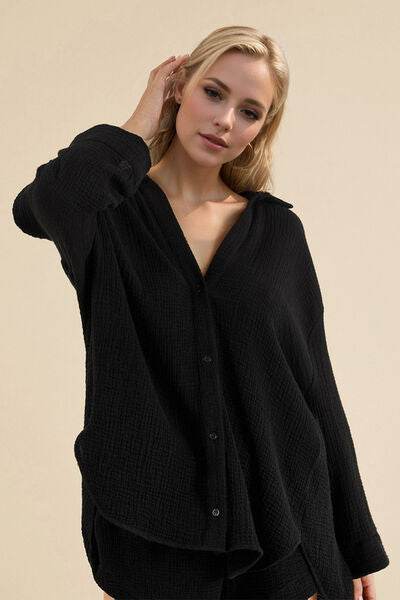 Basic Bae Breathable Button Down Long Sleeve Top and Shorts Set Black for a perfect OOTD – dress to impress outfits from Amexza