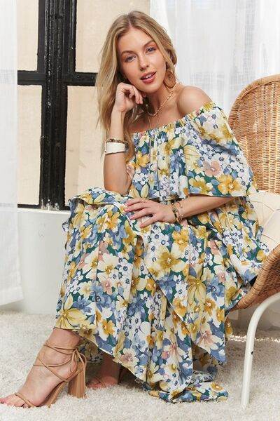 ADORA Layered Floral Off-Shoulder Short Sleeve Maxi Dress NAVY for a perfect OOTD – dress to impress outfits from Amexza