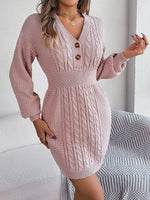Buttoned Cable-Knit V-Neck Sweater Dress for a perfect OOTD – dress to impress outfits from Amexza