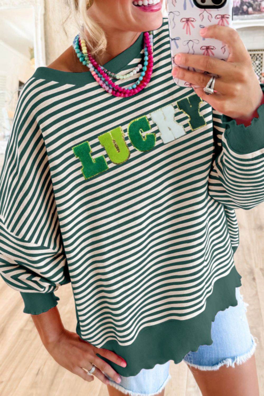 LUCKY Striped Round Neck Long Sleeve Sweatshirt Dark Green for a perfect OOTD – dress to impress outfits from Amexza