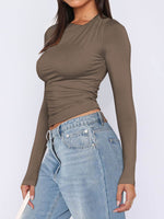 Ruched Asymmetrical Neck Long Sleeve T-Shirt - Amexza