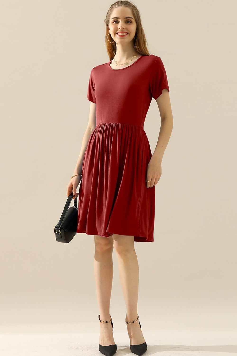 Ninexis Full Size Round Neck Ruched Dress with Pockets BURGUNDY for a perfect OOTD – dress to impress outfits from Amexza